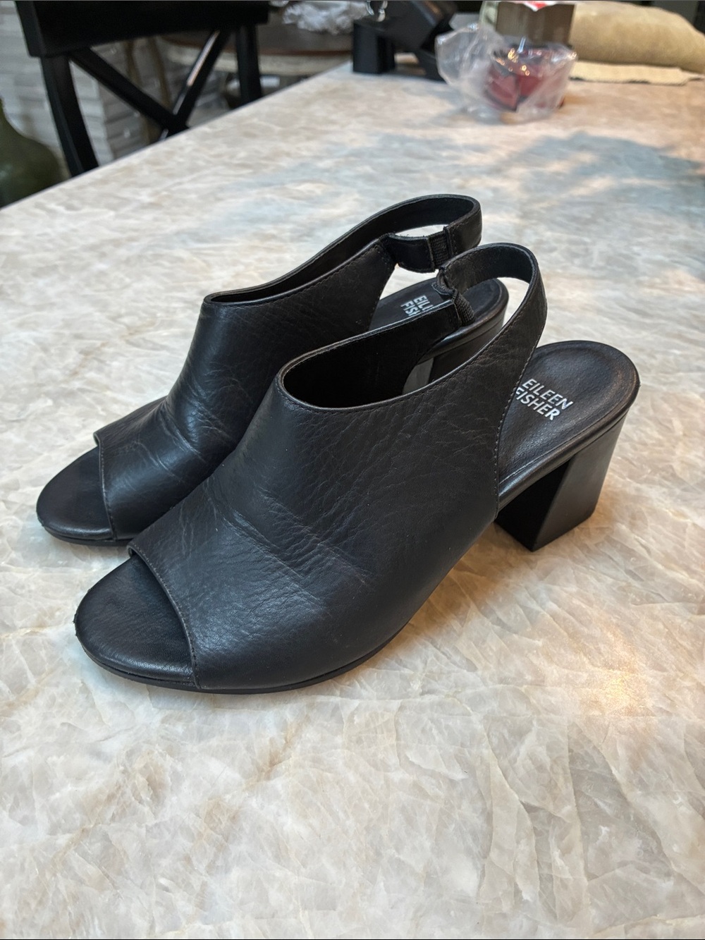 Eileen Fisher Black Leather Open-Toe Slingback Block Heels